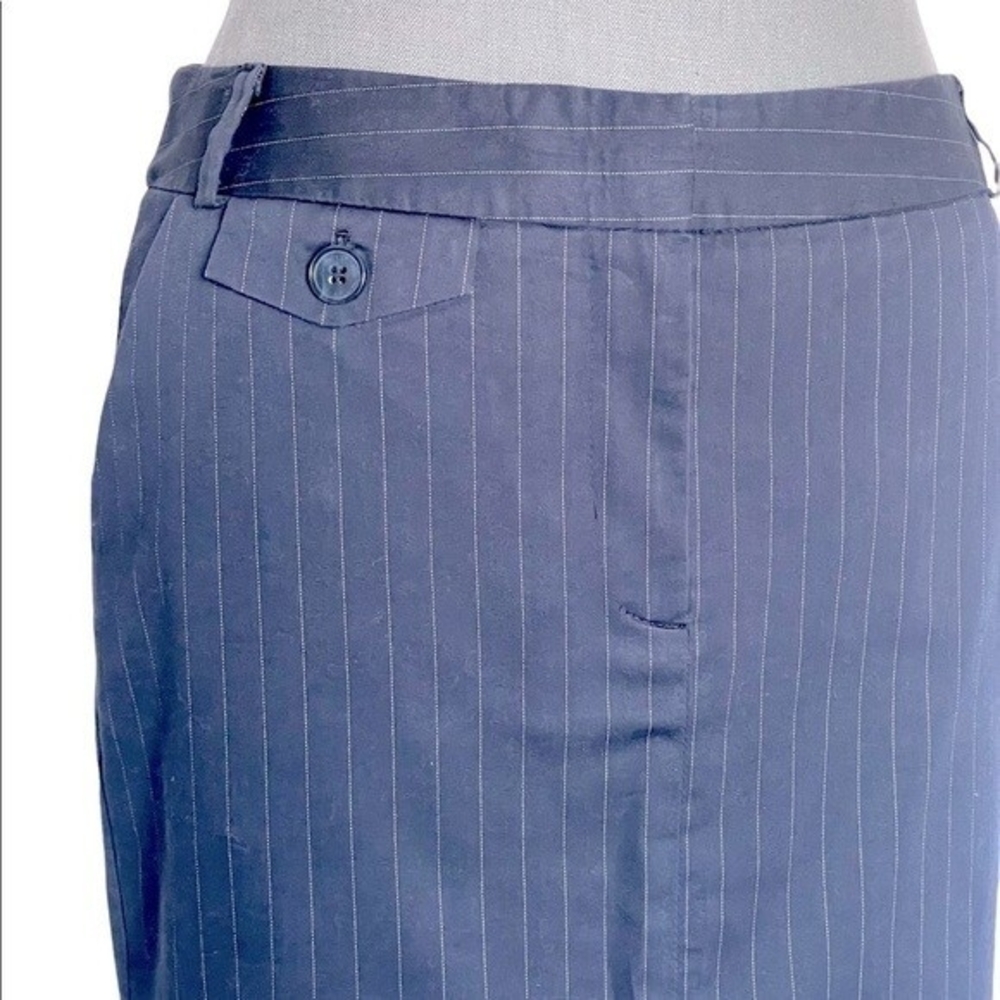 Women's Navy Blue Striped Cotton Pencil Skirt S Front Zip Midi Office EXC - Picture 6 of 7